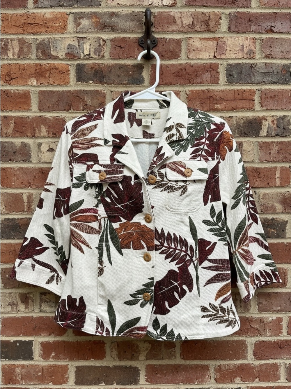 TanJay Tropical Leaf Jacket Cotton Stretch 3/4 Sleeve Blazer Size 12P